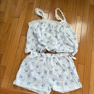 Joie Blue Floral Lace Pajama Set top is Large Bottoms are MEDIUM